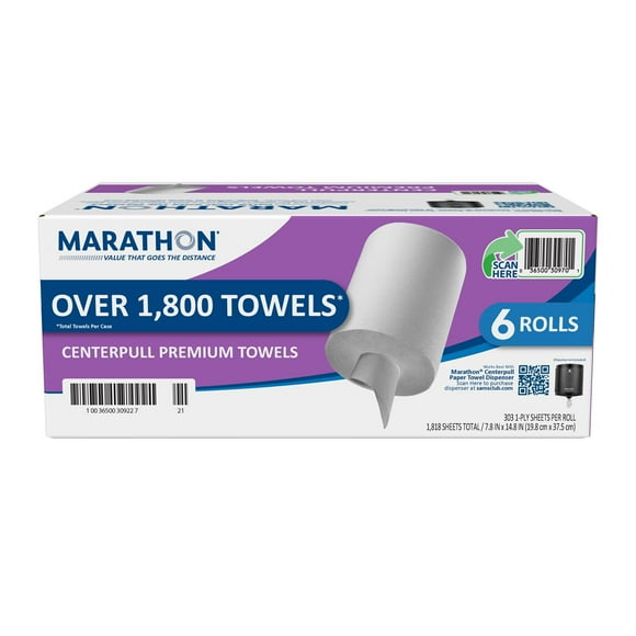 Marathon Centerpull Premium 1-Ply White Paper Towels 6 rolls, 300sheets/roll